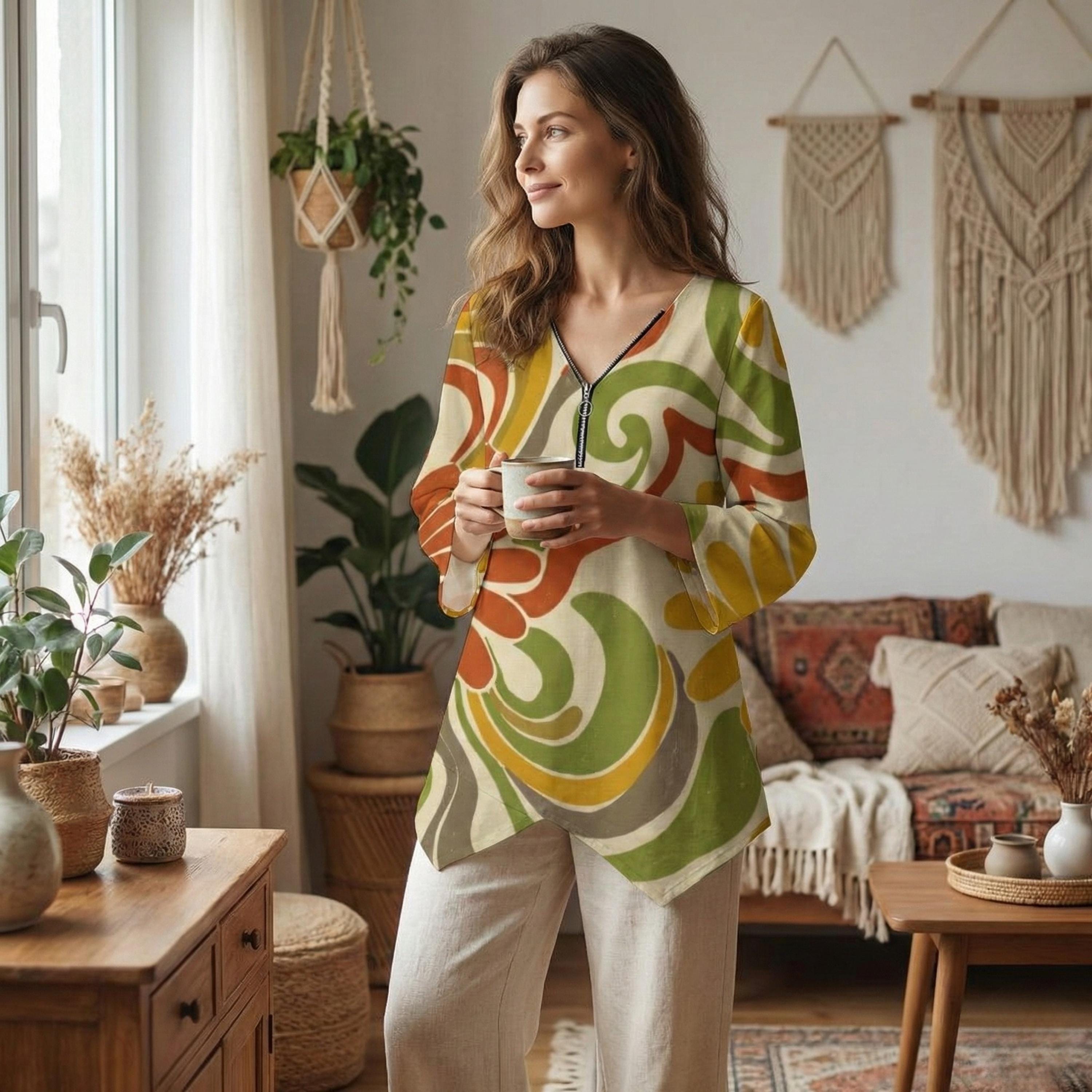 Abstract Floral V-Neck Tunic | Boho Zipper Travel Top