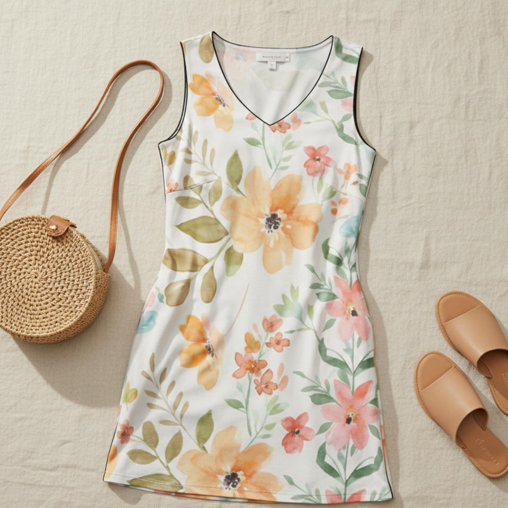 Floral Pocket Sundress | Sleeveless V-Neck Watercolor Mini Dress