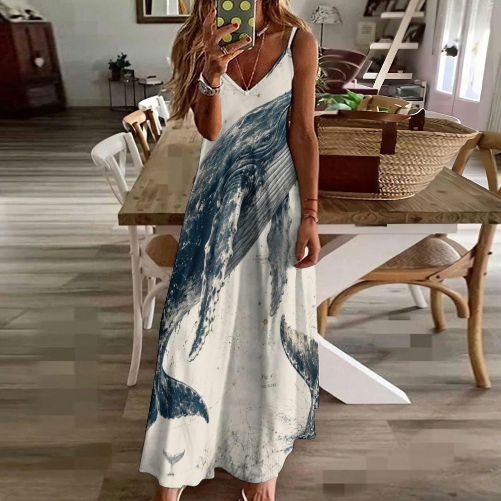 Whale Print Maxi Dress | Coastal Marine Art Resort Dress