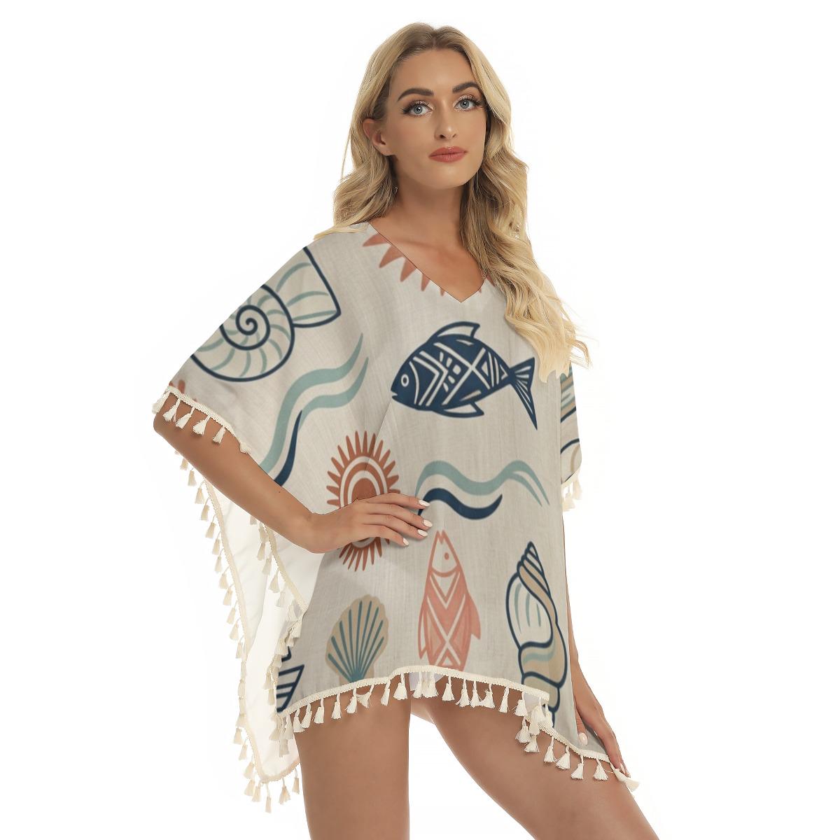 Mediterranean Fish Poncho Kaftan | Seashell Tassel Cover-Up
