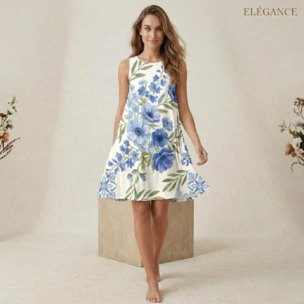 Blue Floral A-Line Dress | Mediterranean Pocket Sundress
