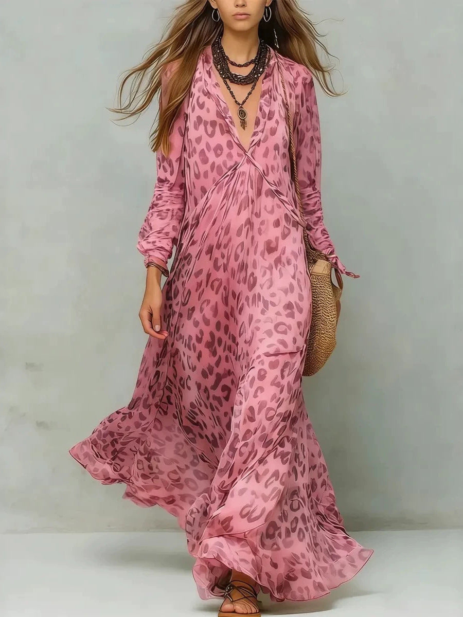 Long-Sleeve Leopard-Print A-Line Maxi Dress
