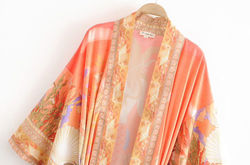 Women's relaxed polyester kimono robe with mermaid print