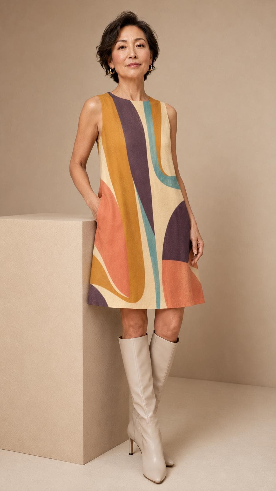 Abstract Print A-Line Mini Dress with Pockets, Retro Resort Summer Style