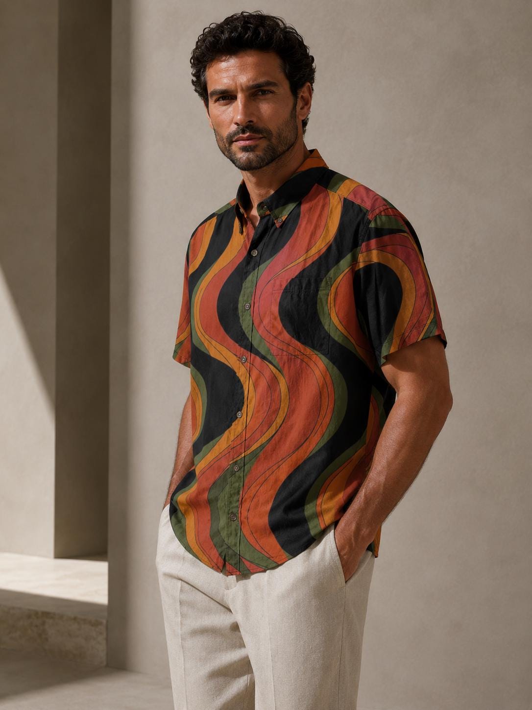 Men’s Retro Wave Cotton Resort Shirt | 70s Mediterranean Button-Up