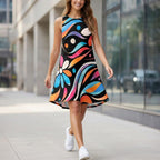 Colorful Retro A-Line Mini Dress | Sleeveless Vacation Dress with Pockets
