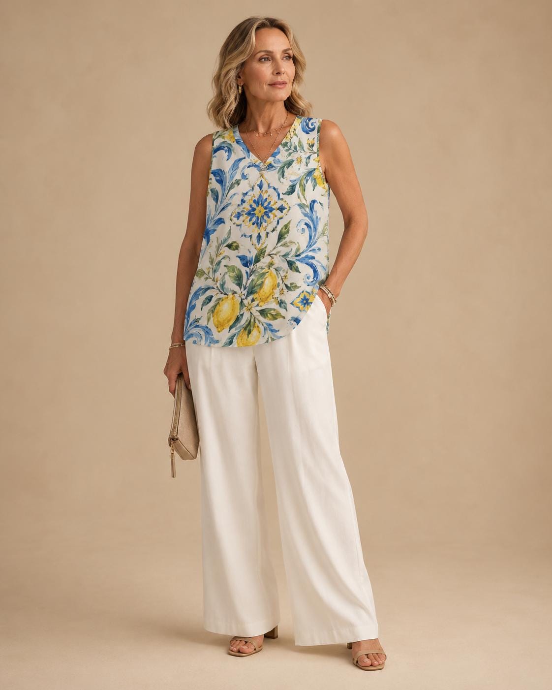 Mediterranean Lemon V-Neck Top | Amalfi Sleeveless Blouse
