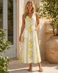 Lemon Maxi Dress | Watercolor Citrus Resort Dress with Pockets