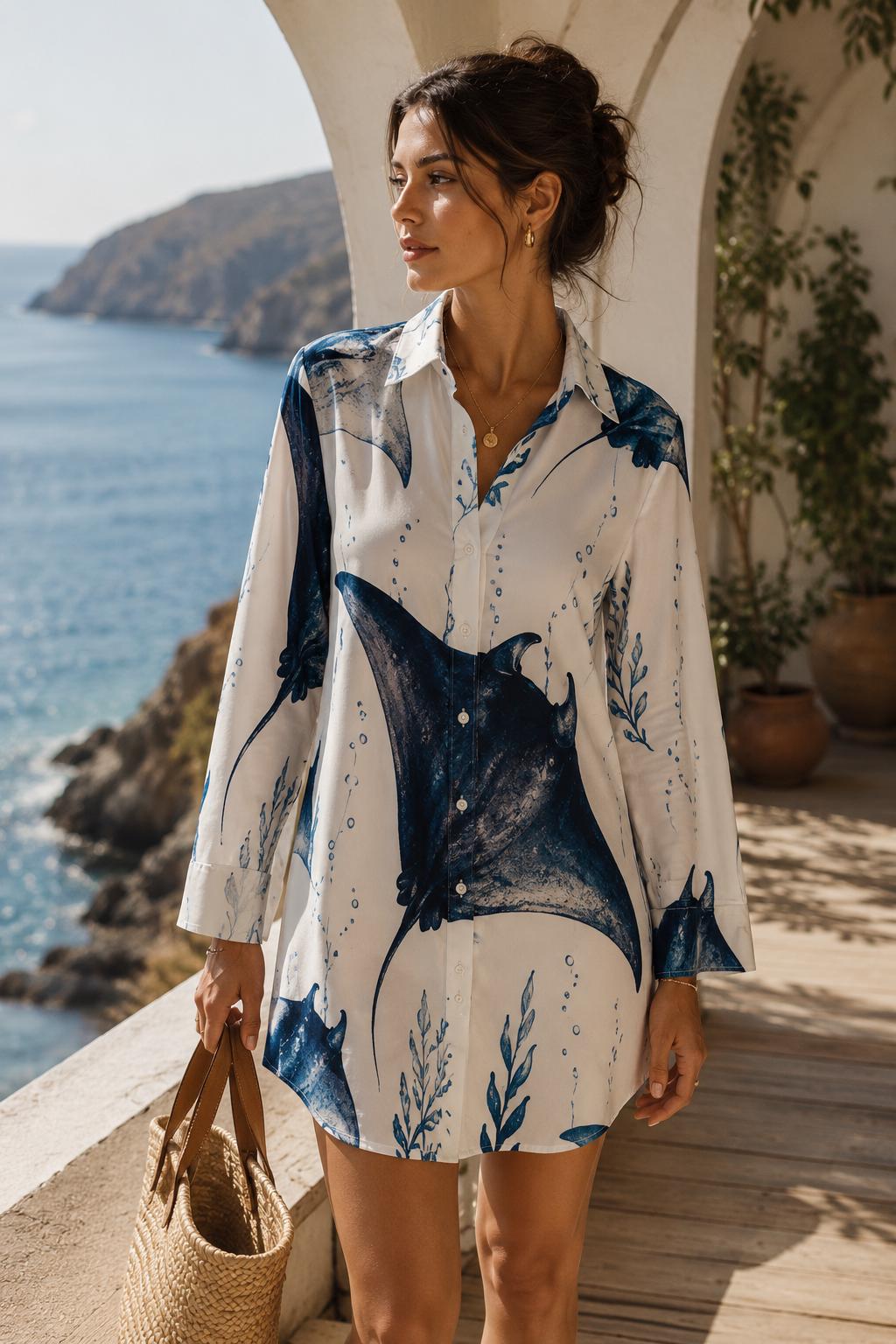 Manta Ray Mini Shirt Dress | Coastal Resort Vacation Dress