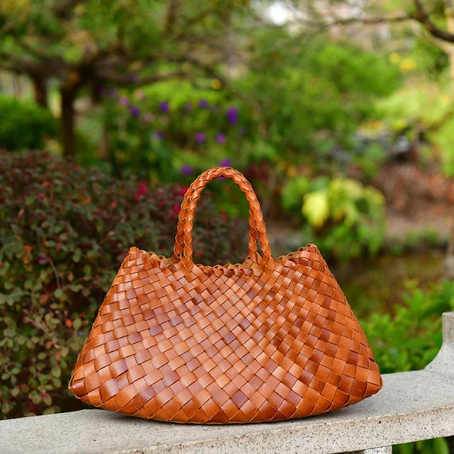 Women's woven cowhide leather tote bag in small or large size