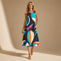 Retro Abstract A-Line Midi Dress | Wearable Art Wedding Guest Dress