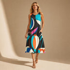 Retro Abstract A-Line Midi Dress | Wearable Art Wedding Guest Dress