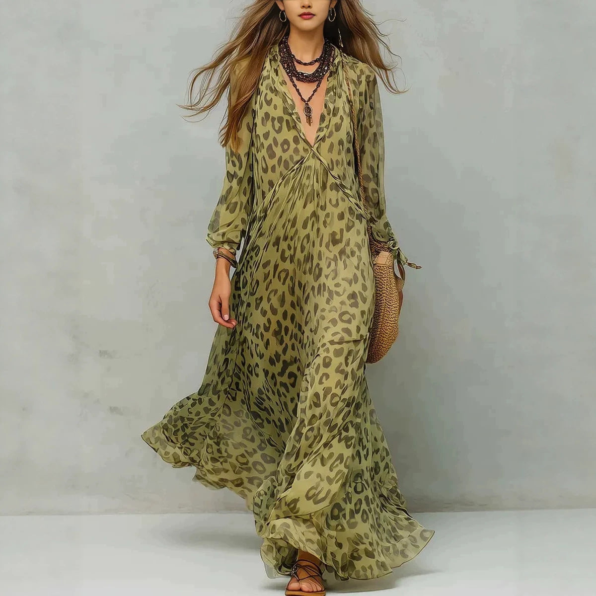 Long-Sleeve Leopard-Print A-Line Maxi Dress