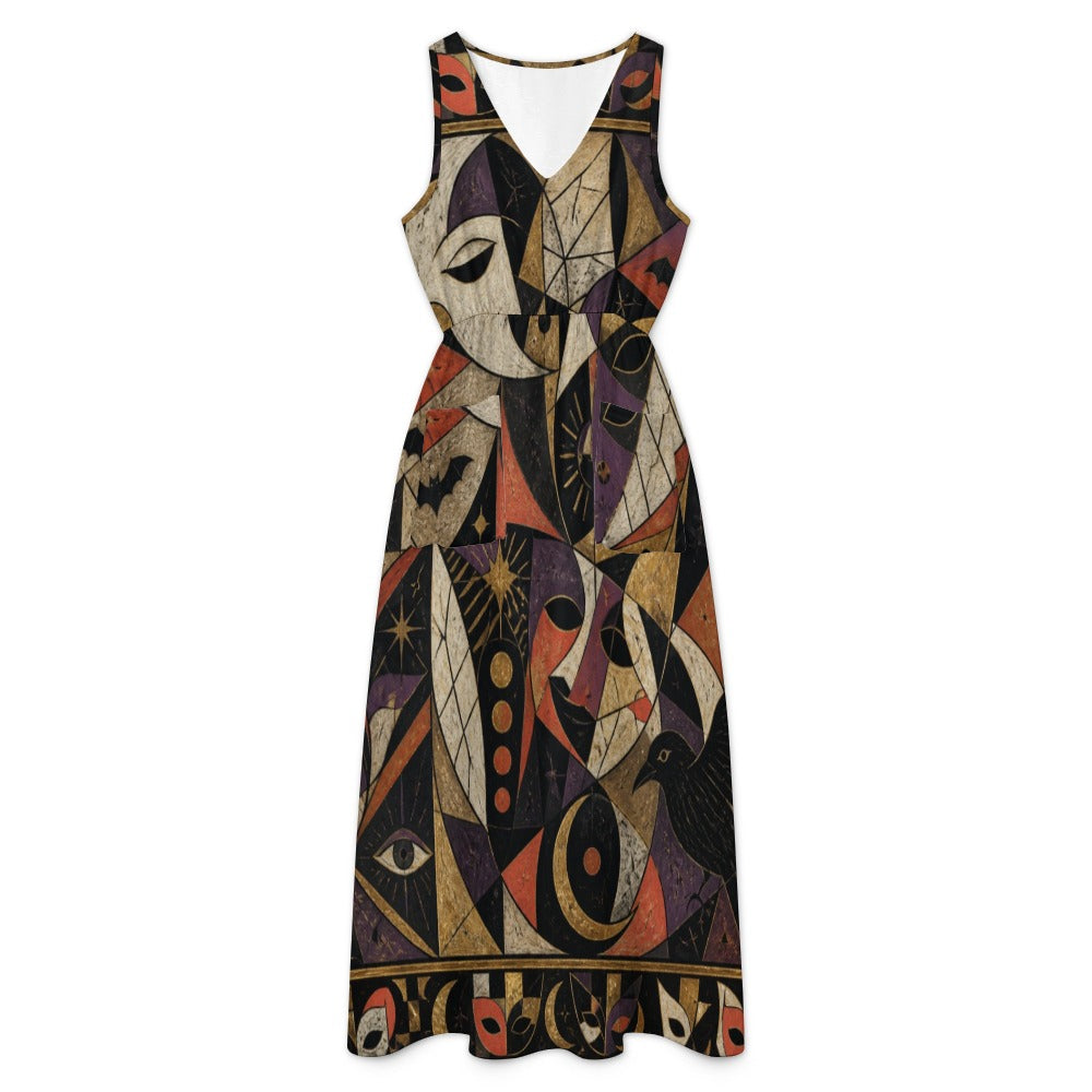Gothic Halloween Maxi Dress with Pockets | Black Cat Pumpkin