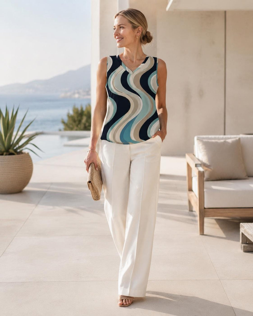 Retro Coastal Wave V-Neck Top | Teal Beige Resort Blouse