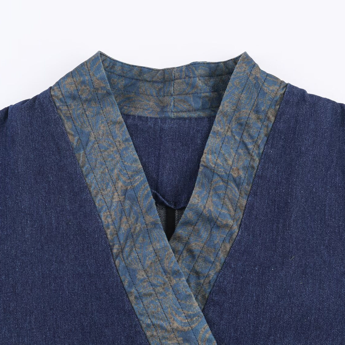 Denim-blue V-neck kimono jacket with button front