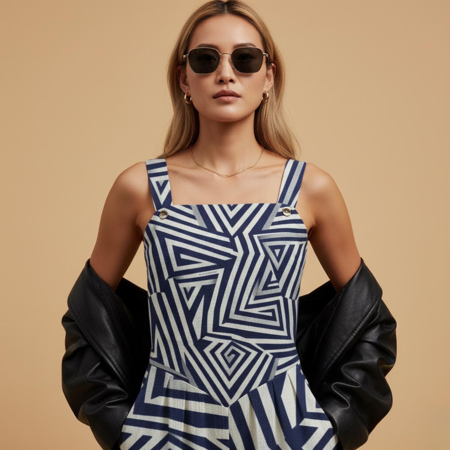 Navy Geometric Wide-Leg Jumpsuit | Modern Art Resort Outfit