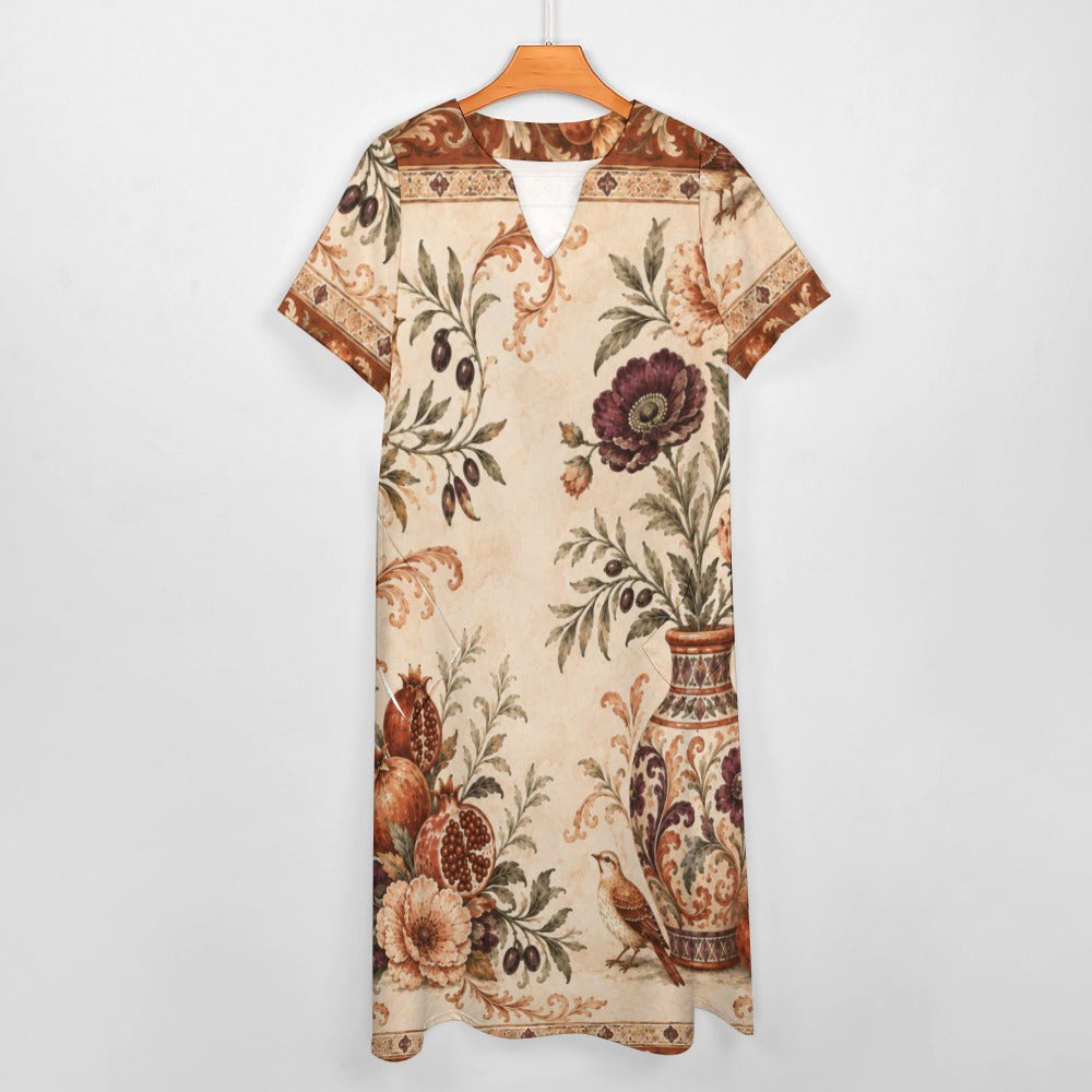 Vintage Medallion 3/4 Sleeve Midi Dress | Ornate Neutral Print