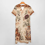 Vintage Medallion 3/4 Sleeve Midi Dress | Ornate Neutral Print