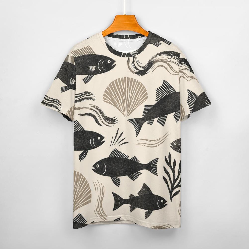Coastal Fish Cotton T-Shirt | Mediterranean Seashell Graphic Tee