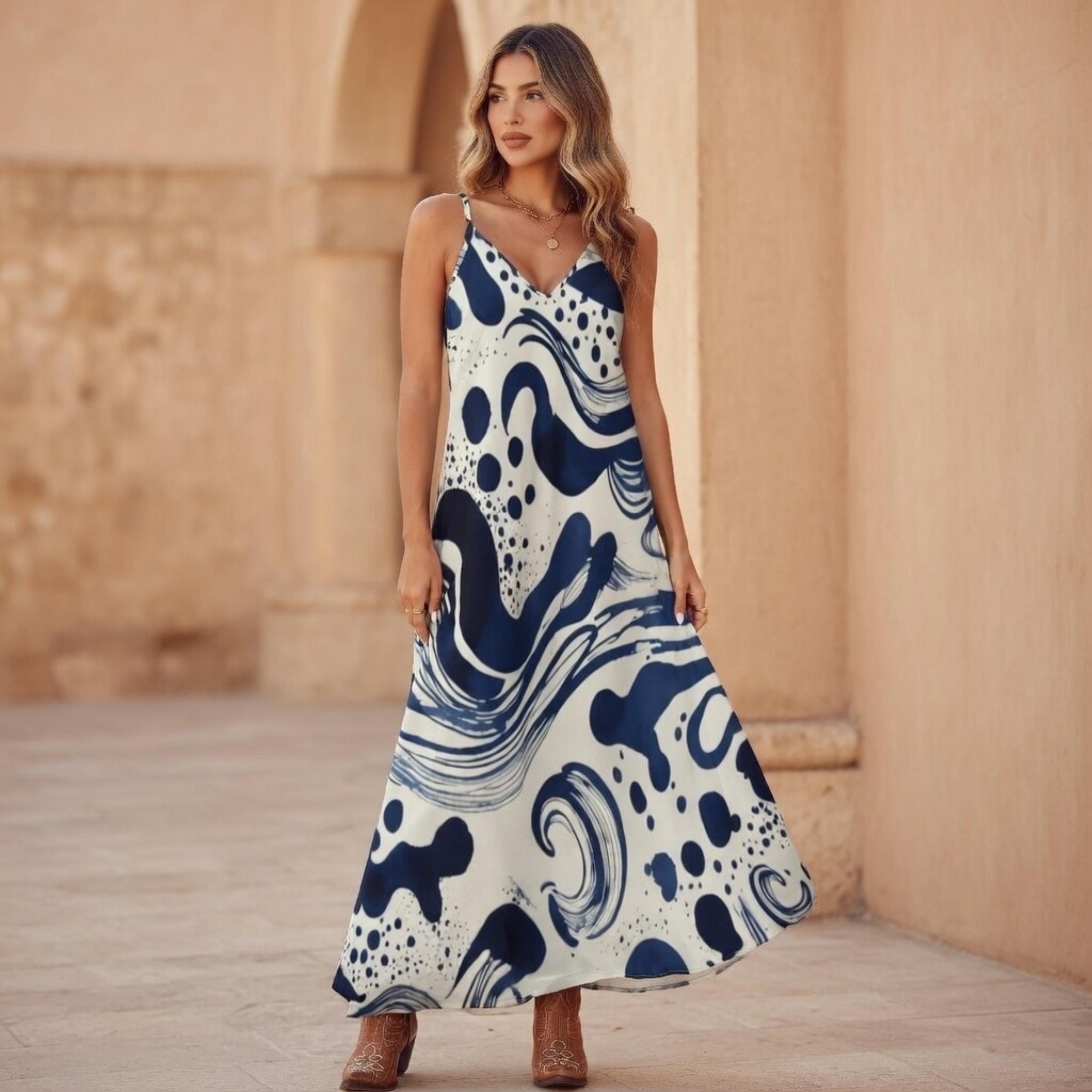 Blue White Slip Maxi Dress | Elegant Mediterranean Vacation Dress