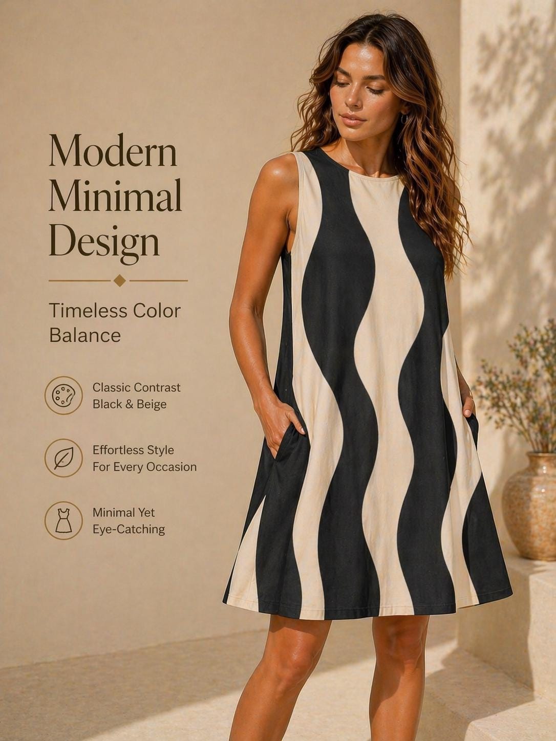 Minimalist Wave A-Line Midi Dress | Black Beige Pocket Occasion Dress