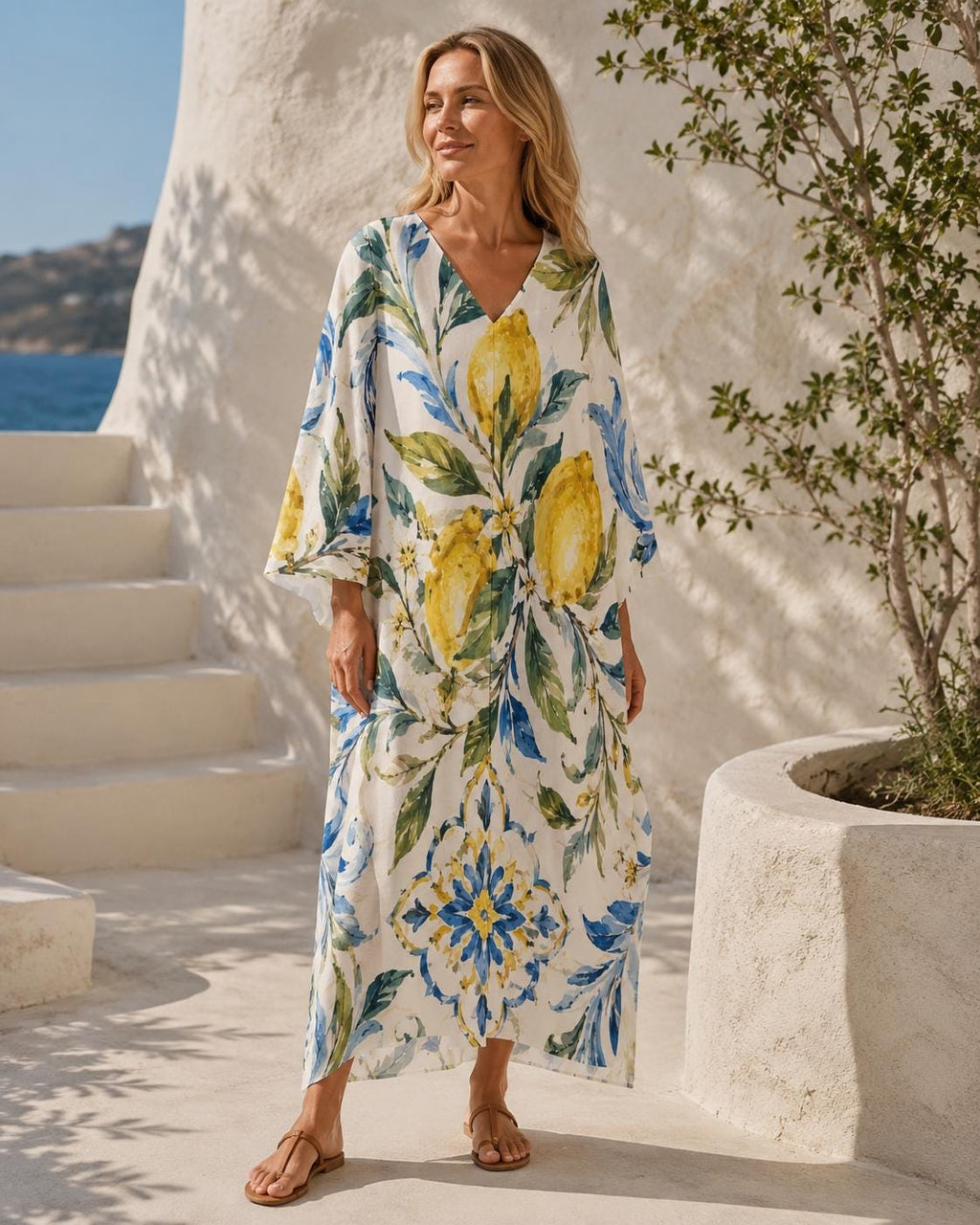 Lemon Kaftan Dress | Mediterranean Beach Cover-Up Resort Maxi