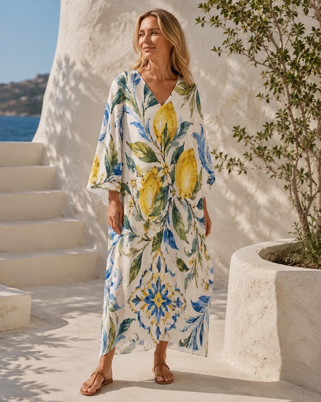 Lemon Kaftan Dress | Mediterranean Beach Cover-Up Resort Maxi