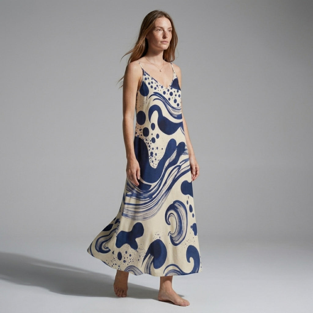 Blue White Slip Maxi Dress | Elegant Mediterranean Vacation Dress