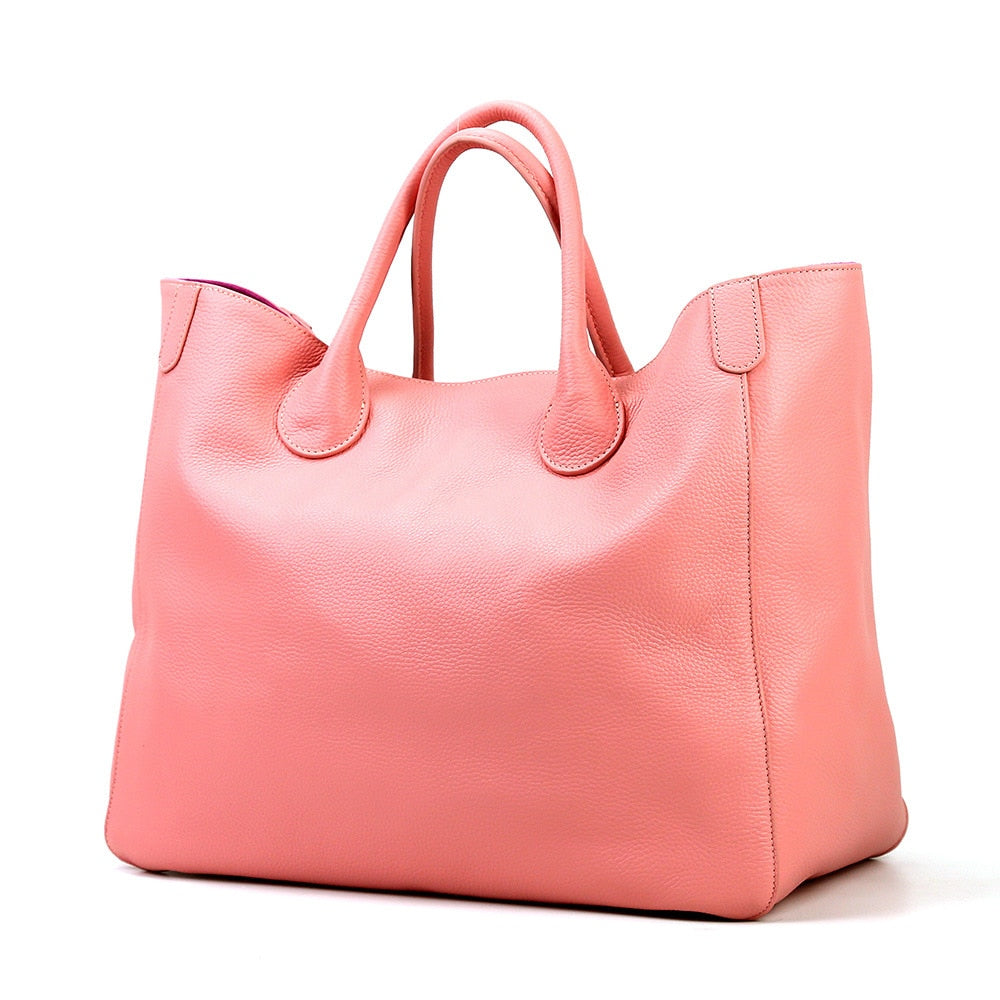 Women's top-layer cowhide oversized tote bag in yellow, black or pink