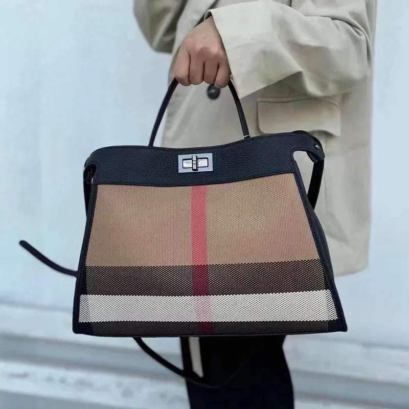 Women's striped 35cm shoulder tote bag in black, green, red or caramel