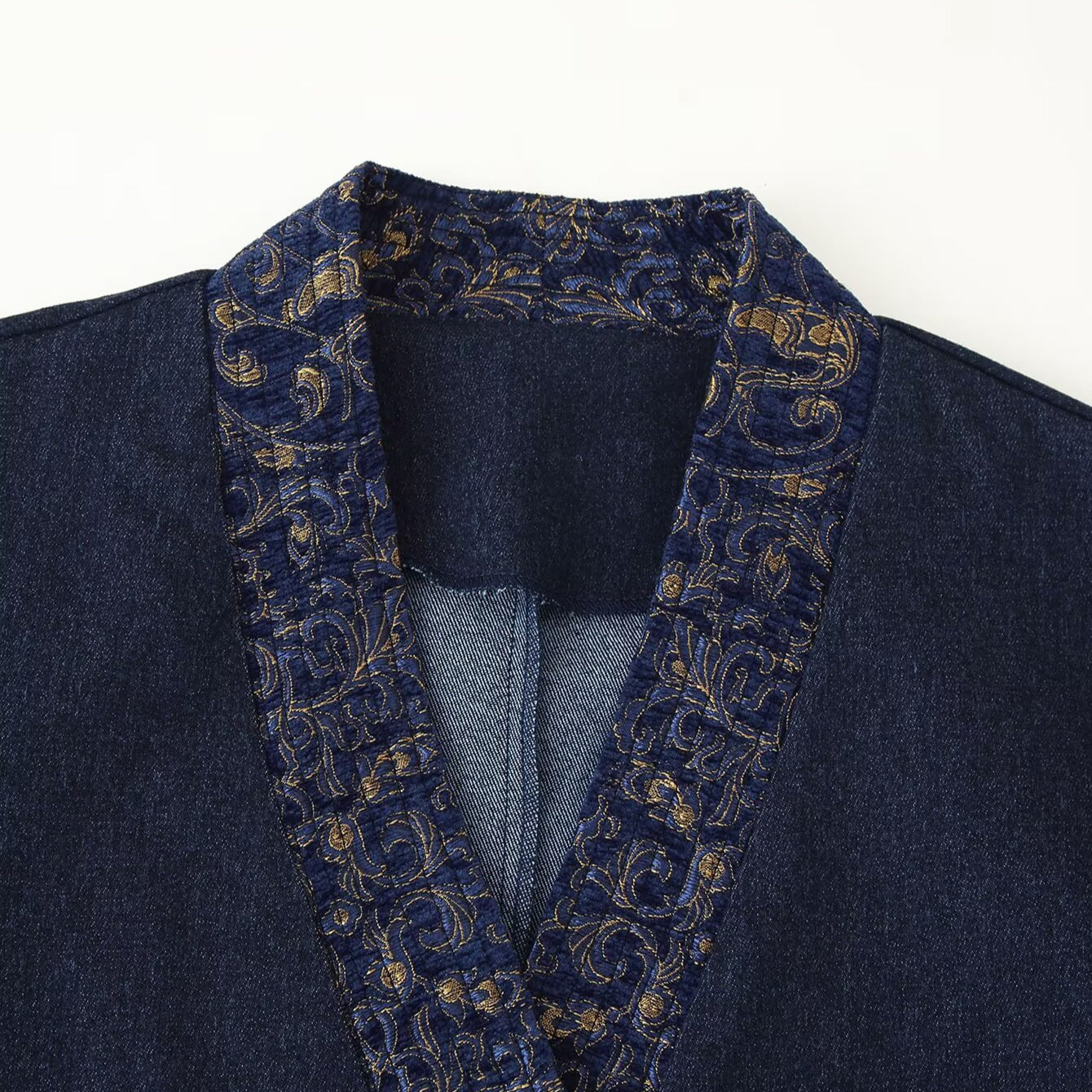 Denim-blue jacquard kimono jacket with V-neck