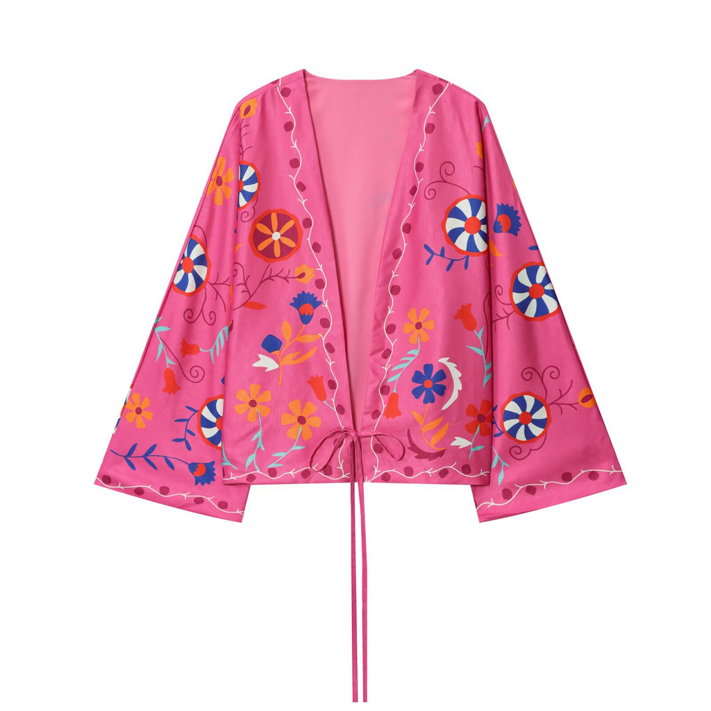Women's printed tie-front kimono cardigan
