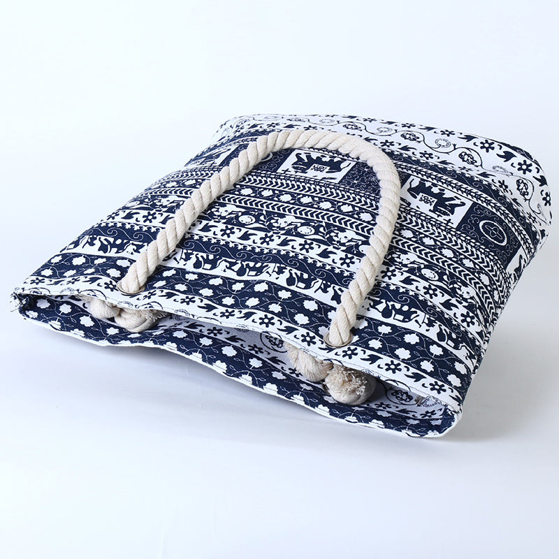 Women's blue elephant floral canvas shoulder tote bag