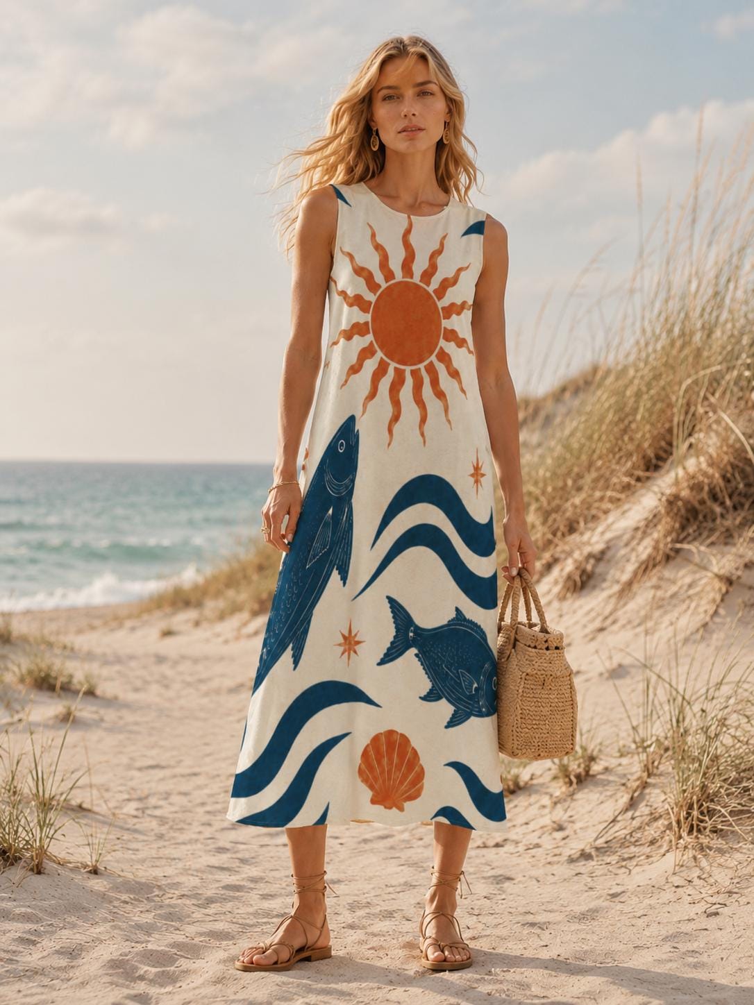 Sun Fish Cotton Midi Dress | Mediterranean A-Line Pocket Dress