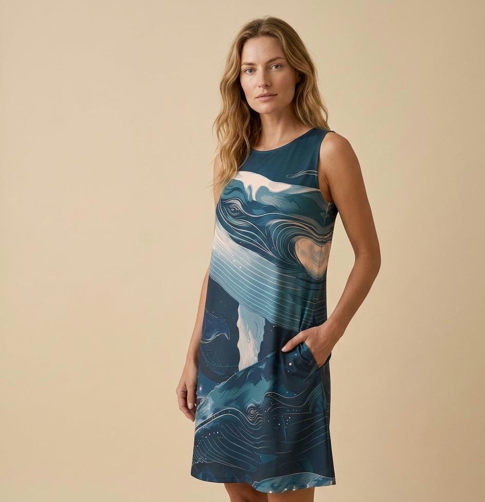 Whale Art A-Line Dress | Coastal Sleeveless Pocket Dress