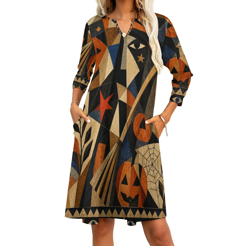 Witchy Geometric 3/4 Sleeve Midi Dress | Orange Black