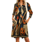 Witchy Geometric 3/4 Sleeve Midi Dress | Orange Black