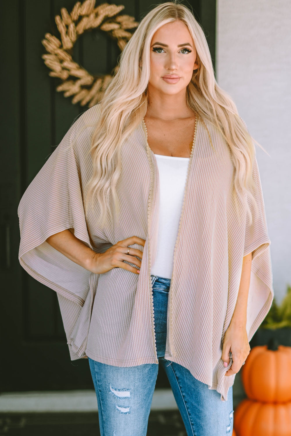 Oversized open-front kimono cardigan with lace trim