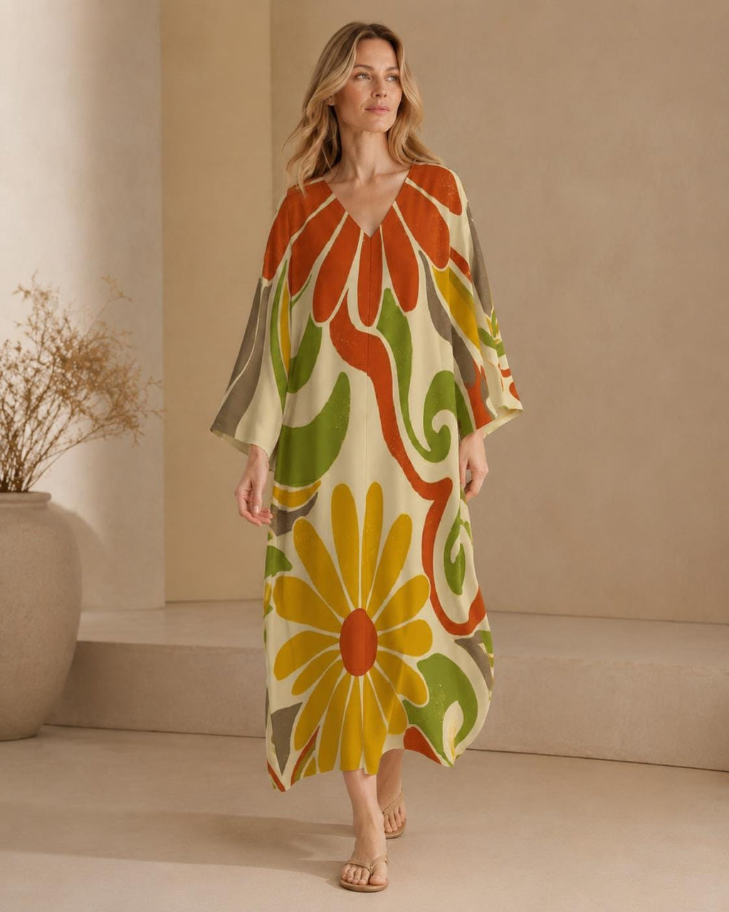 Retro Floral Kaftan Dress | 70s Boho Resort Maxi Dress