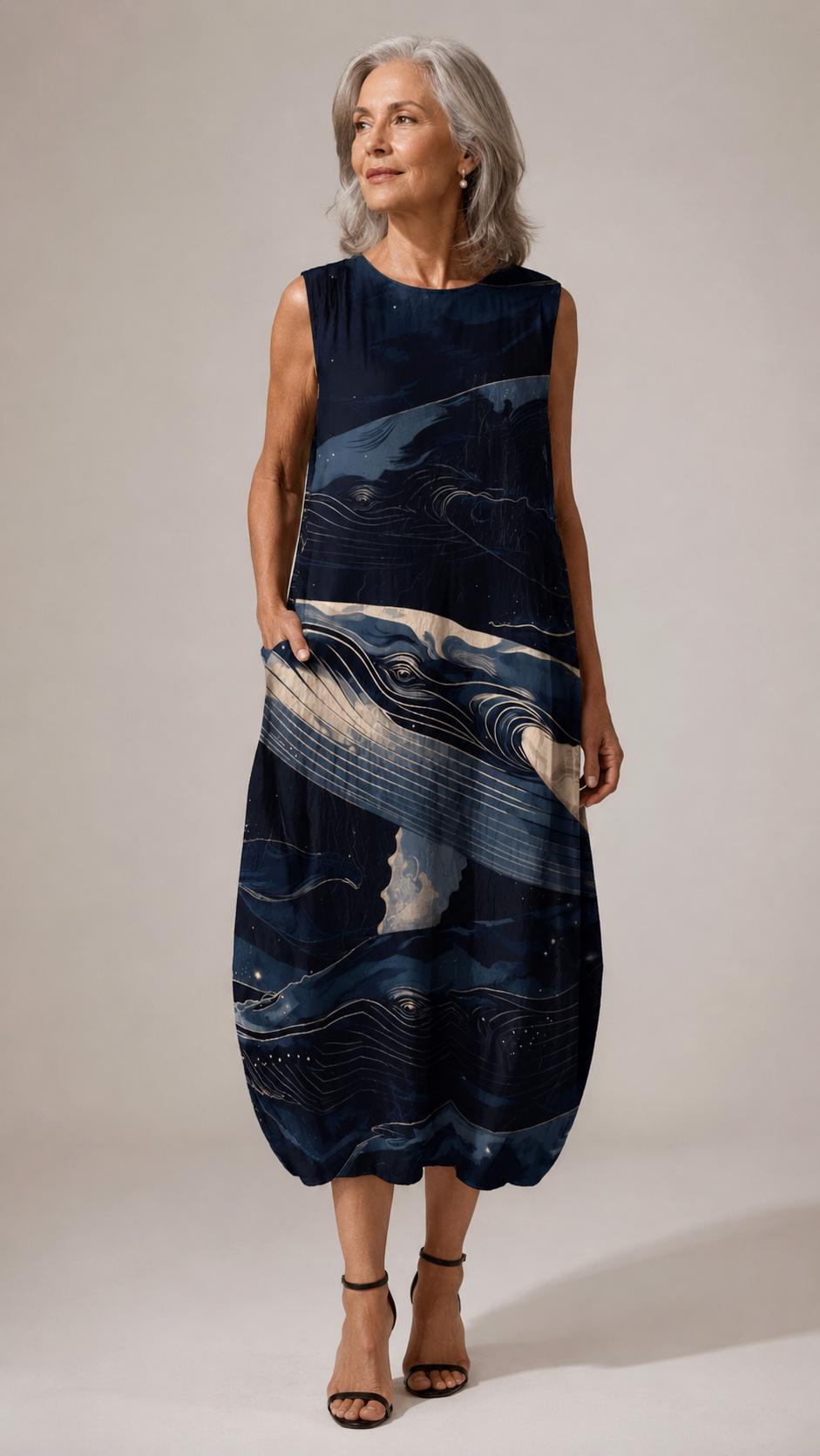 Artistic Whale Cotton Midi Dress | Coastal Ocean Resortwear