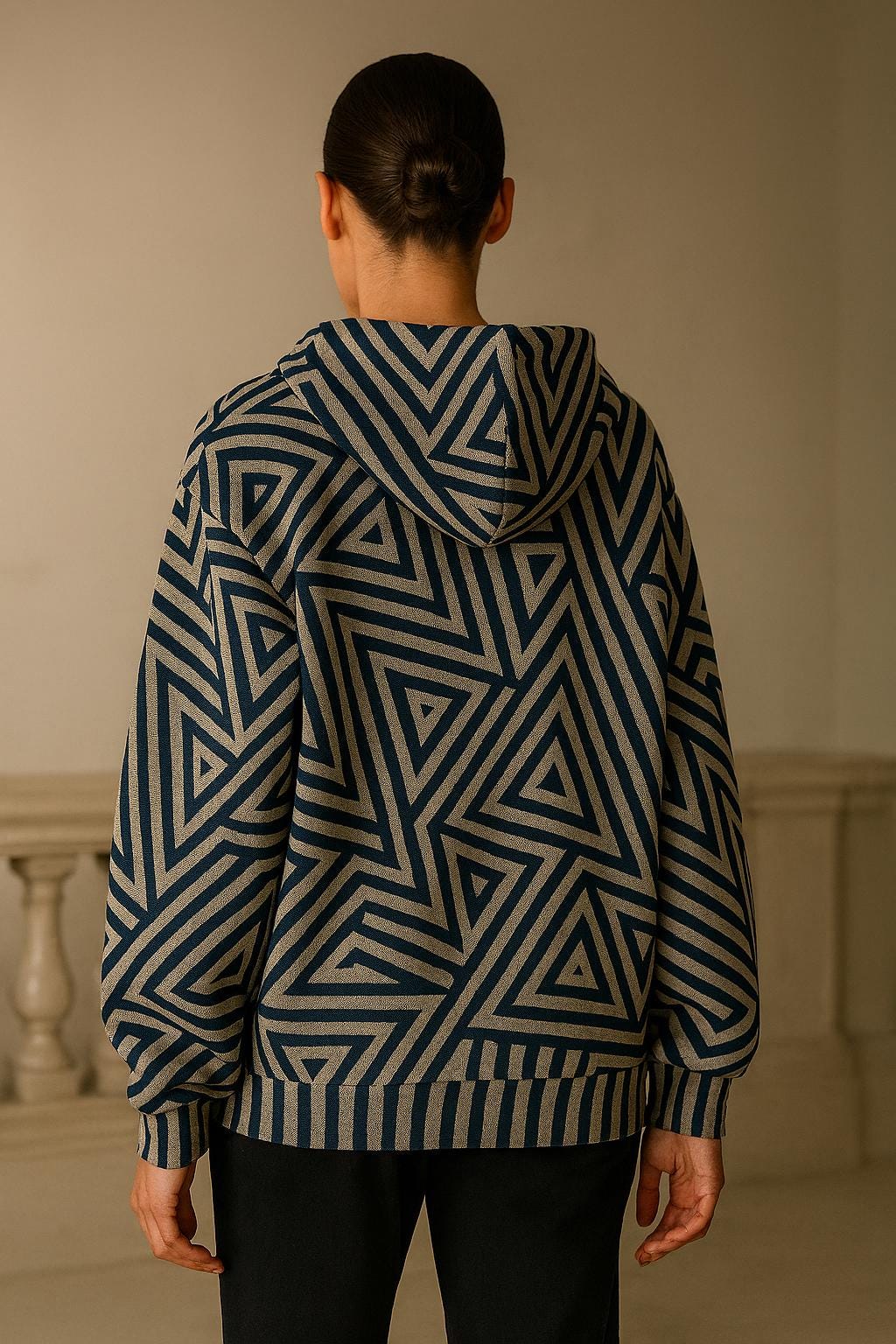 Navy Geometric Maze Zip Hoodie | Abstract Quiet Luxury Streetwear