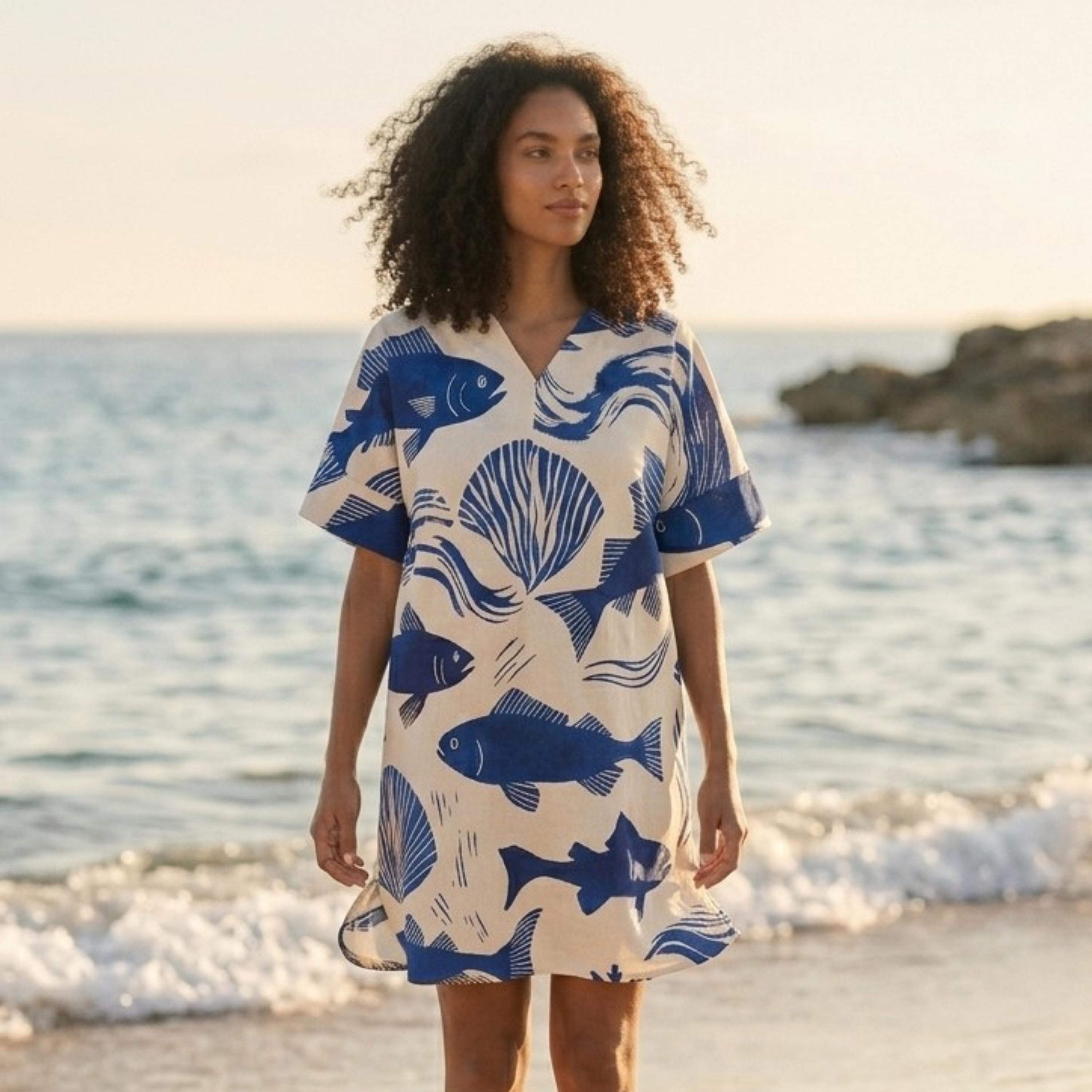 Coastal Fish Print Tunic Dress | Relaxed V-Neck Beach Dress