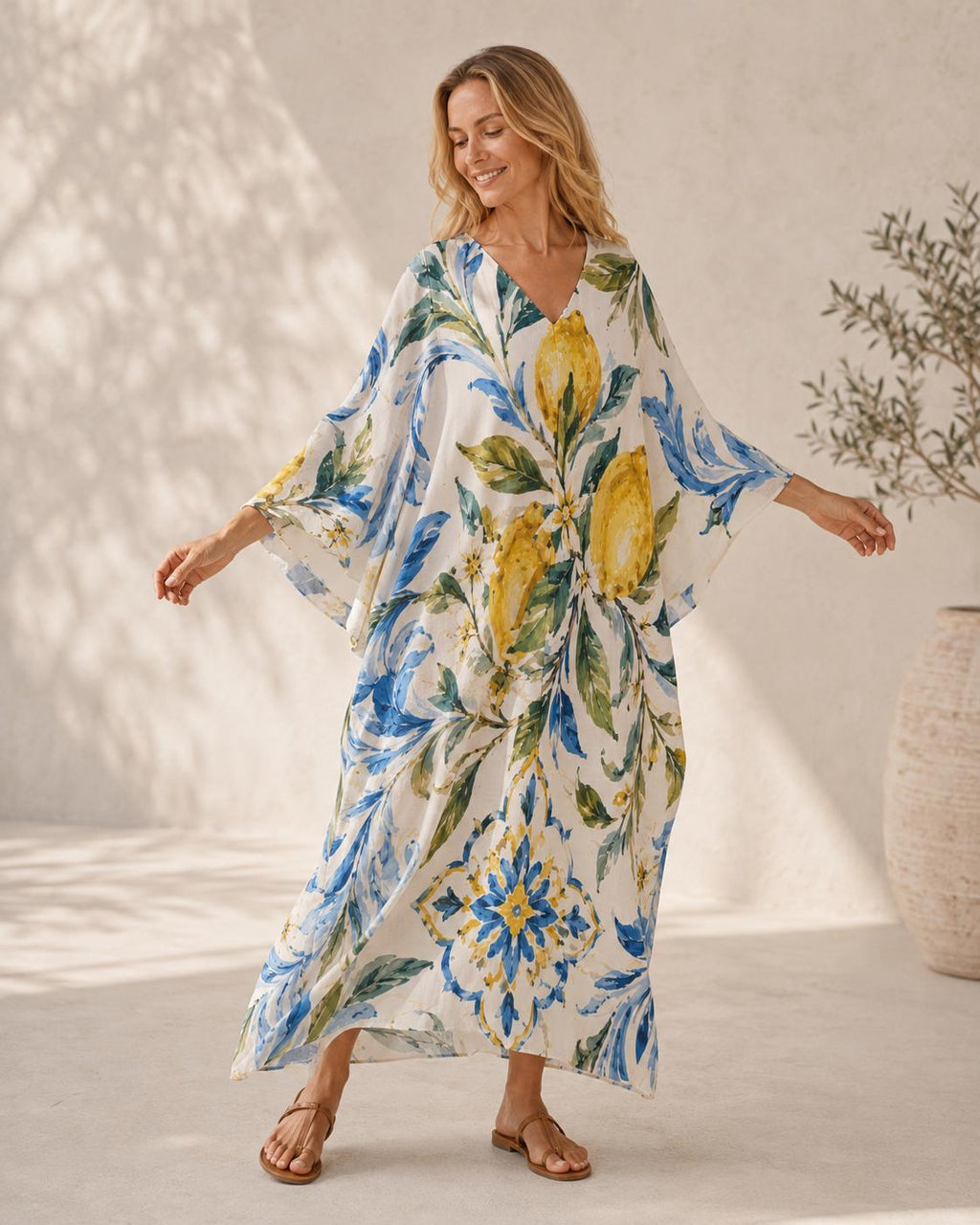 Lemon Kaftan Dress | Mediterranean Beach Cover-Up Resort Maxi