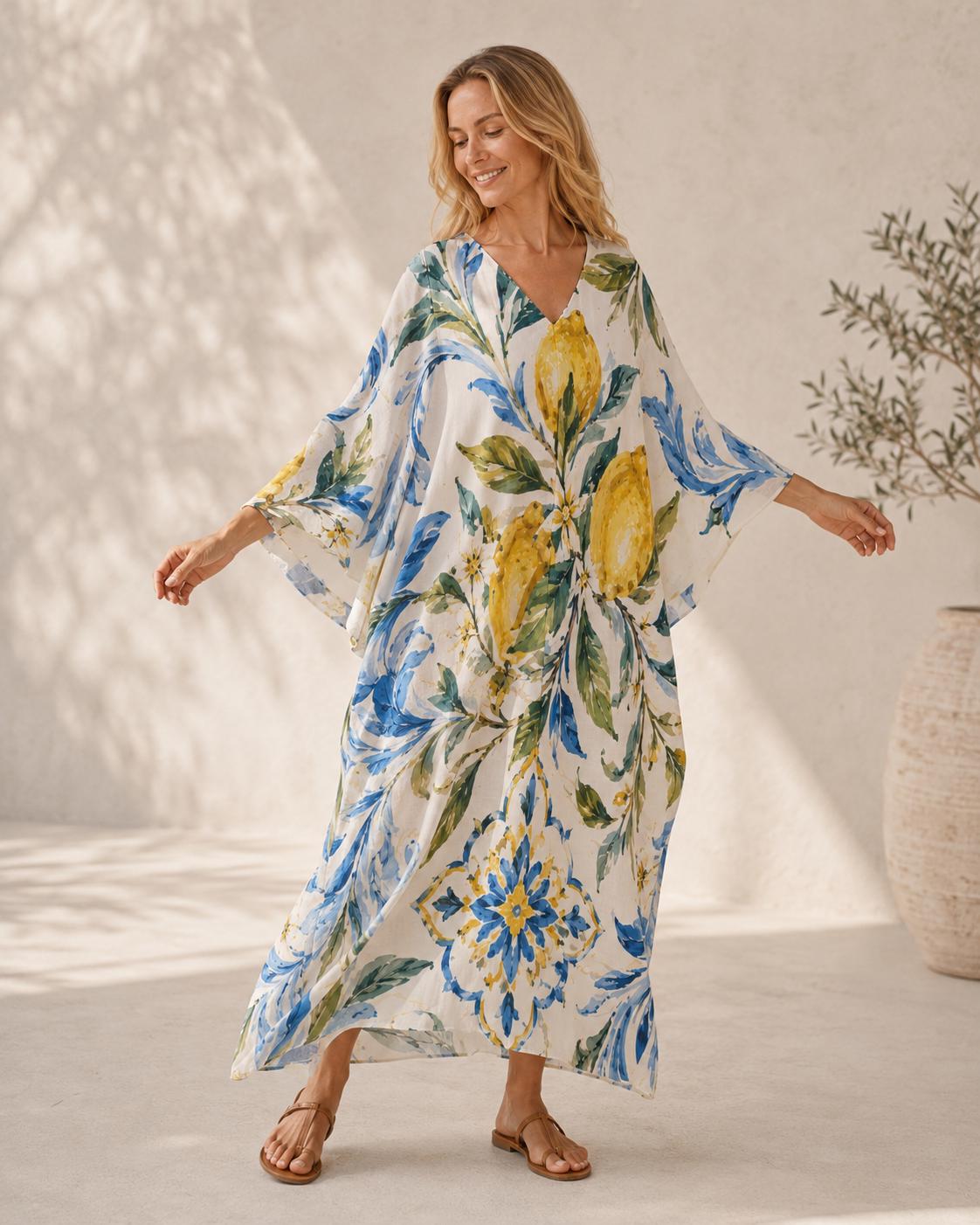 Lemon Kaftan Dress | Mediterranean Beach Cover-Up Resort Maxi