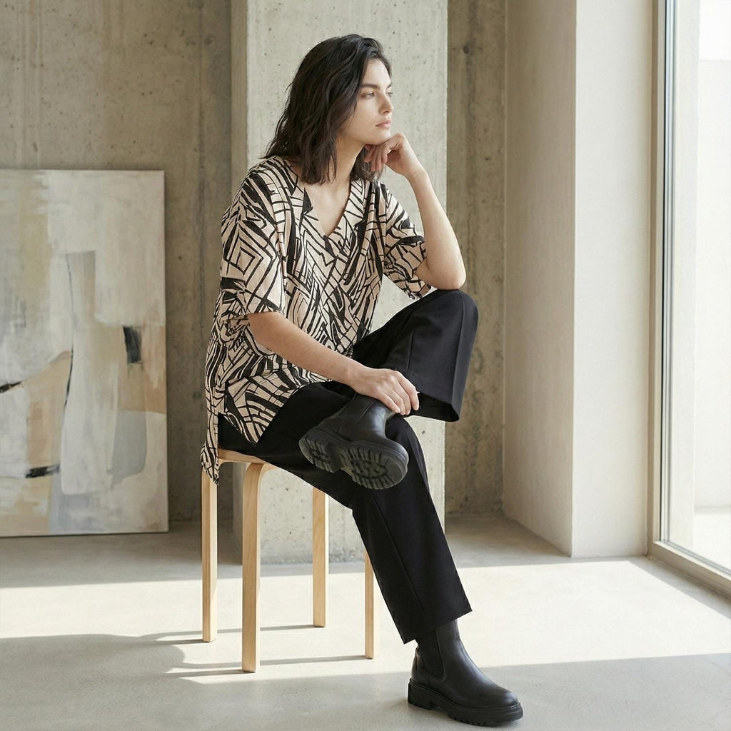 Architectural Cotton Tunic Top | Geometric V-Neck Artwear Blouse