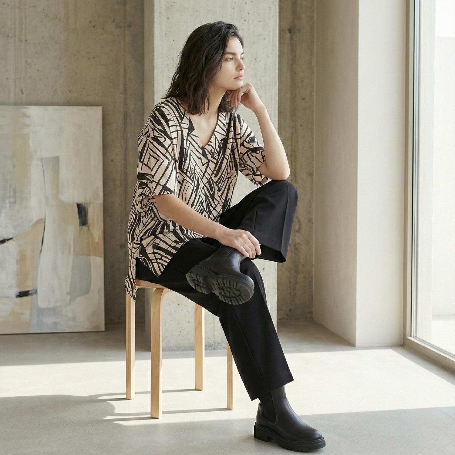 Architectural Cotton Tunic Top | Geometric V-Neck Artwear Blouse