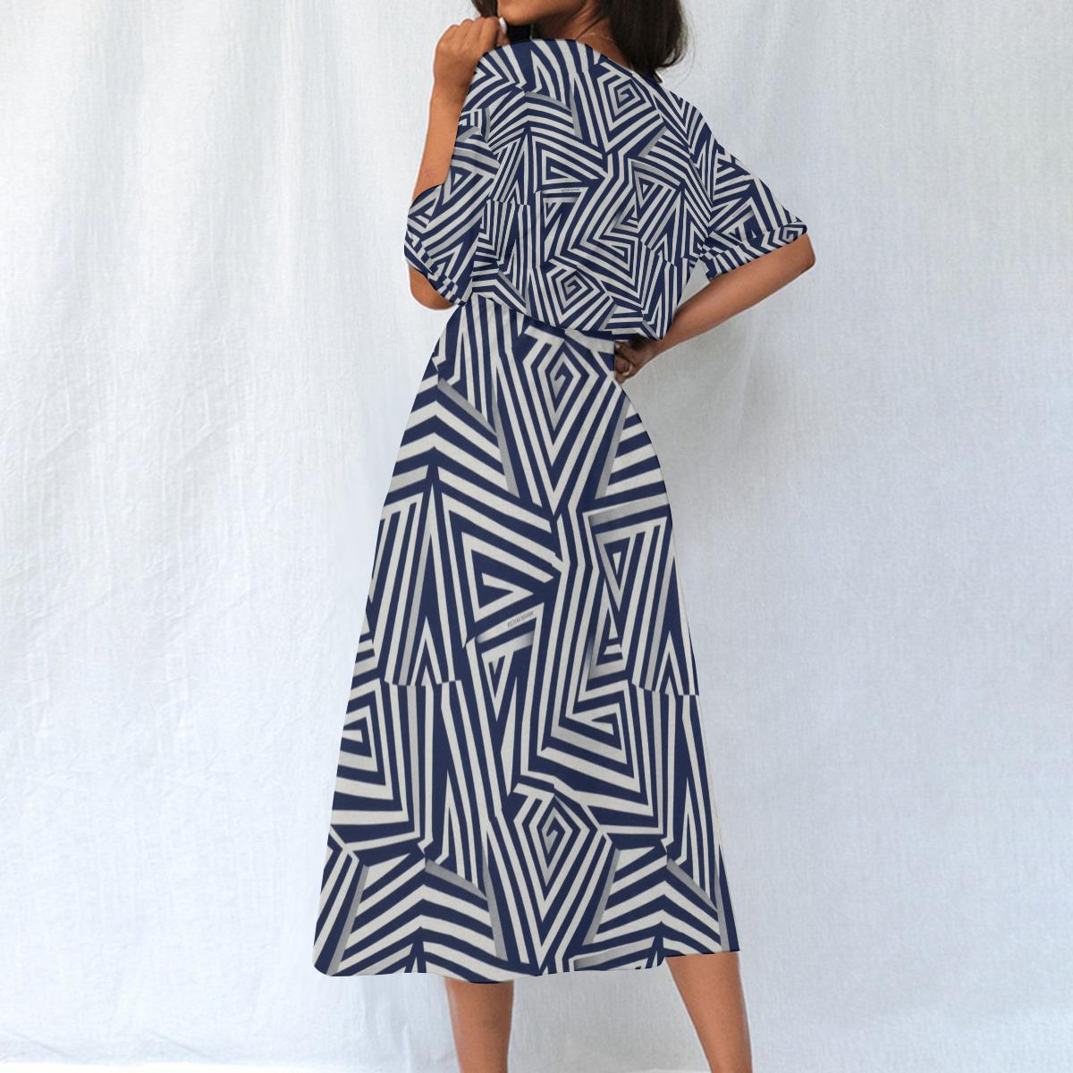 Navy Geometric Midi Dress | Modern Art A-Line Statement Dress