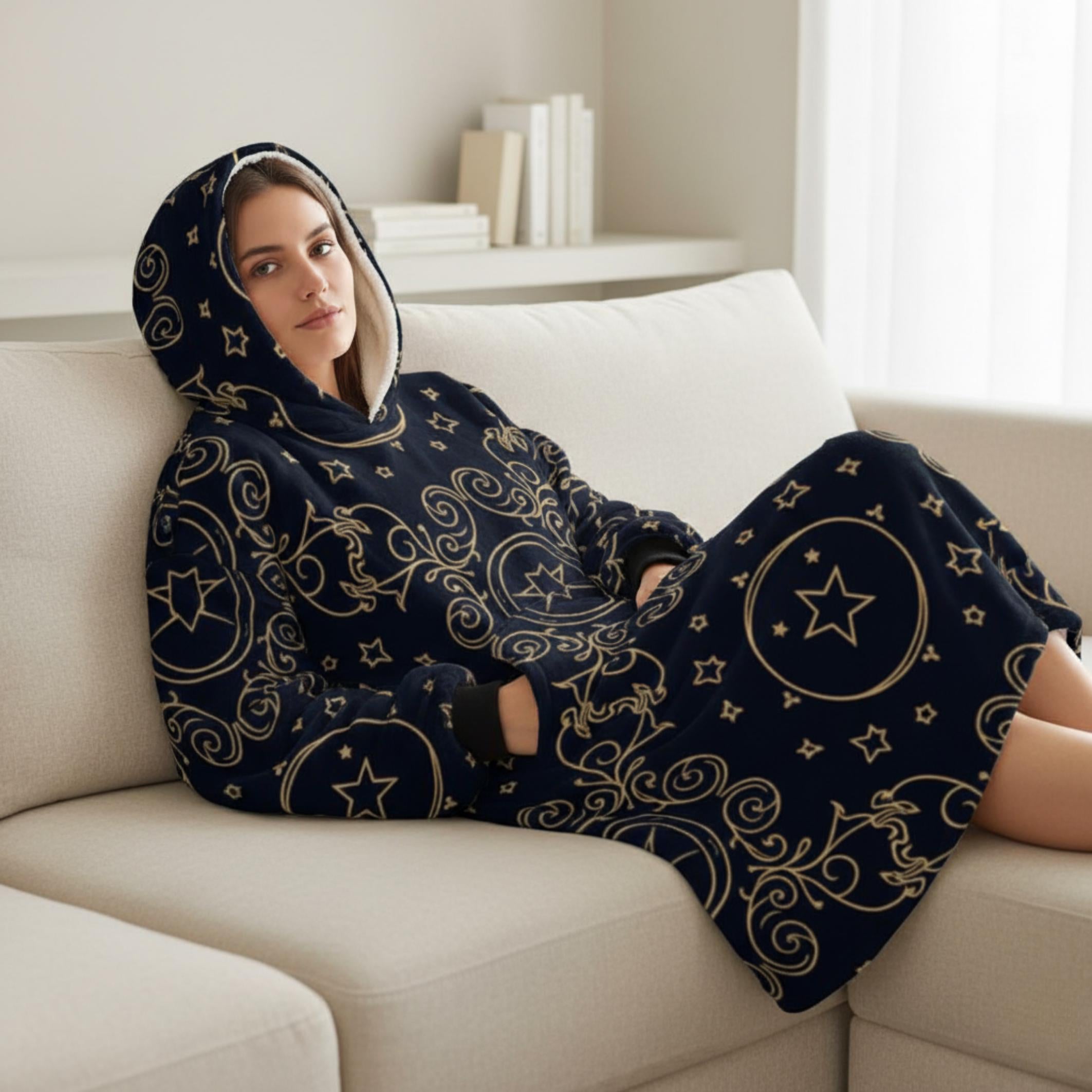 Celestial Gold Hoodie Blanket | Oversized Star Print Loungewear