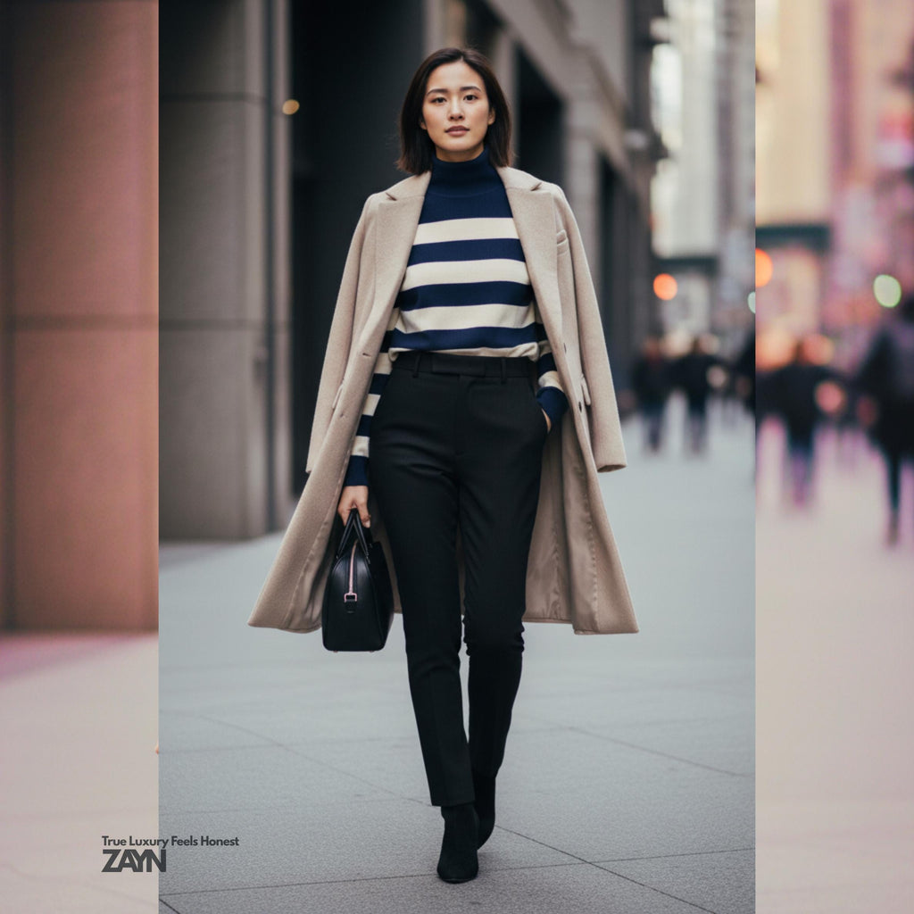 Navy Cream Striped Turtleneck Sweater | Quiet Luxury Winter Knit